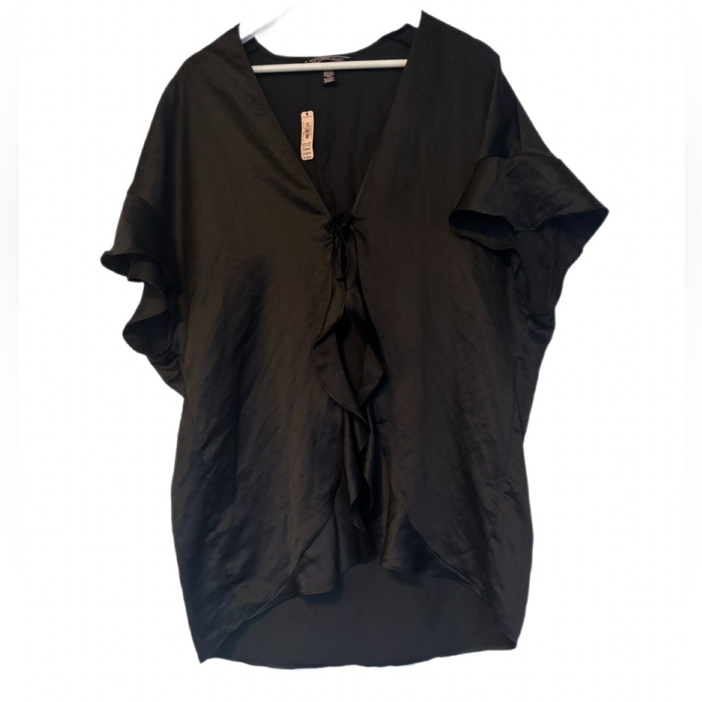 NWT Victoria's Secret Black Satin "Love" Ruffle Kimono Robe